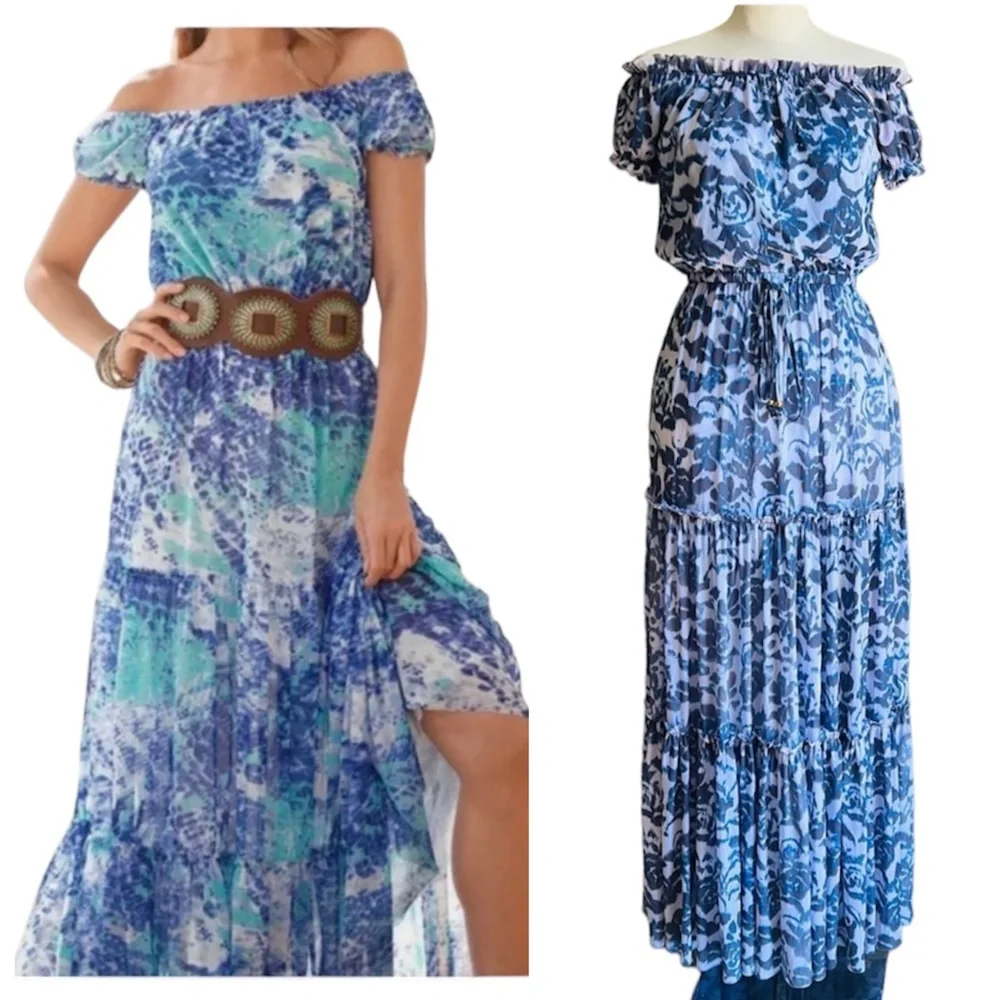 NEW Boston Proper Tiered Maxi Dress Boho Floral Blue and White Off Shoulder XS